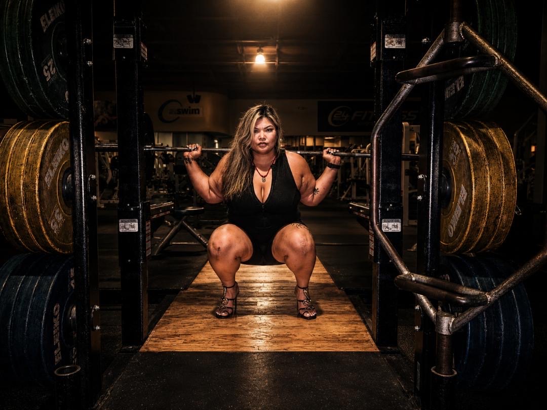Sirena performing a heavy front squat in the rack