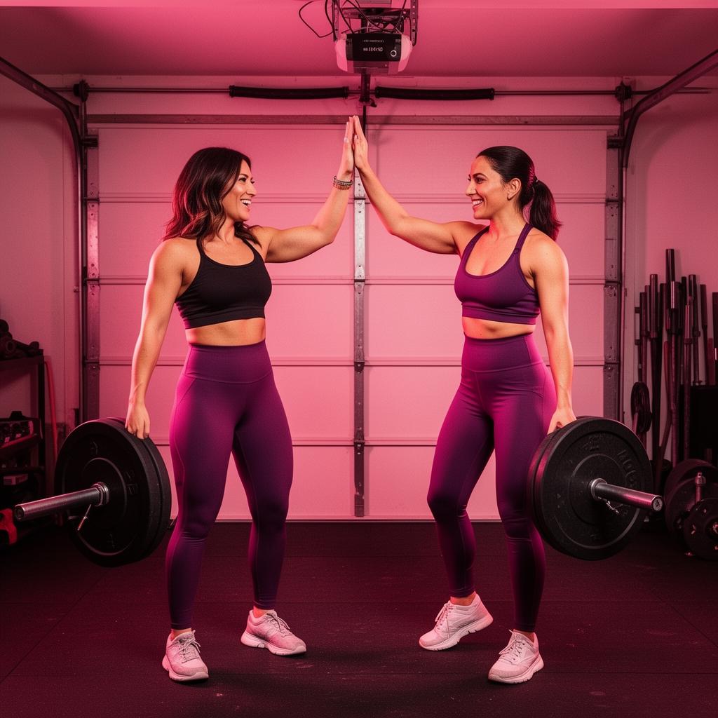 Two strong women high-fiving after a heavy lift in a garage gym
